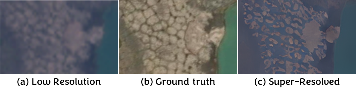 Low-resolution input, high-resolution ground truth, and a sharp but wrong super-resolved output.