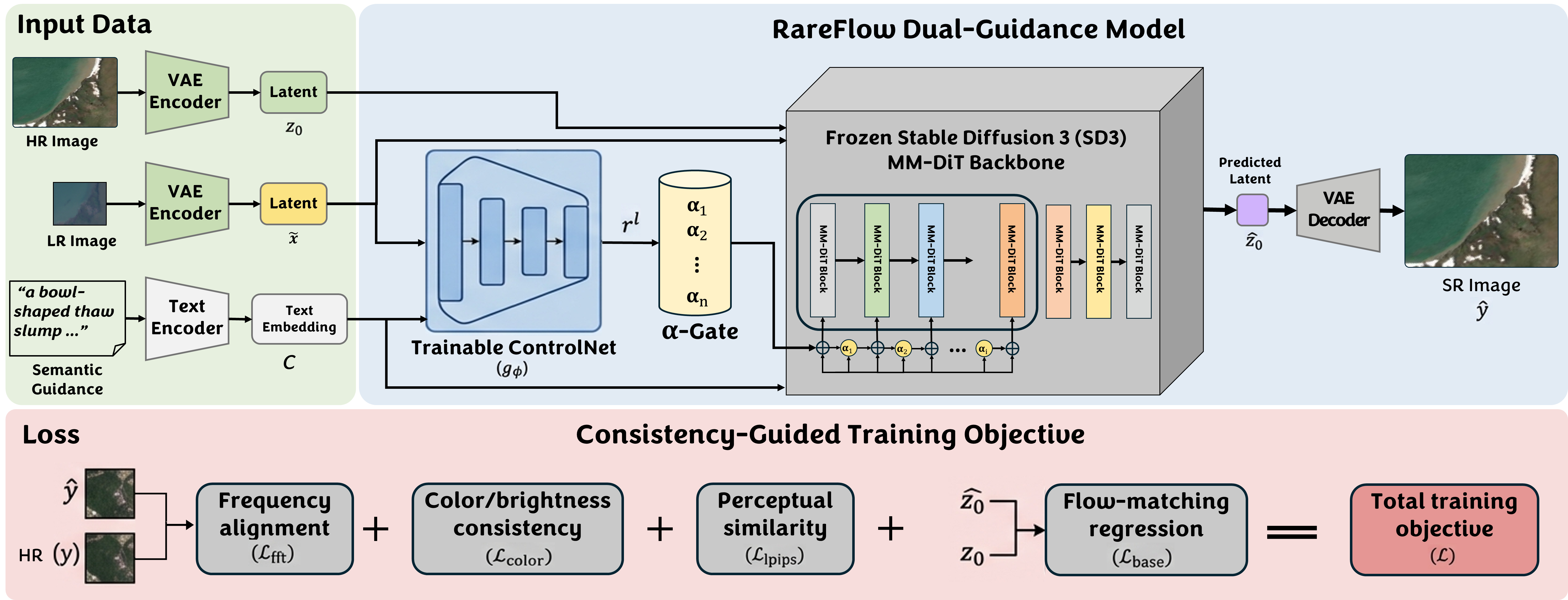 Overview of the RareFlow framework with input data, gated ControlNet, frozen SD3 backbone, and consistency-guided objective.
