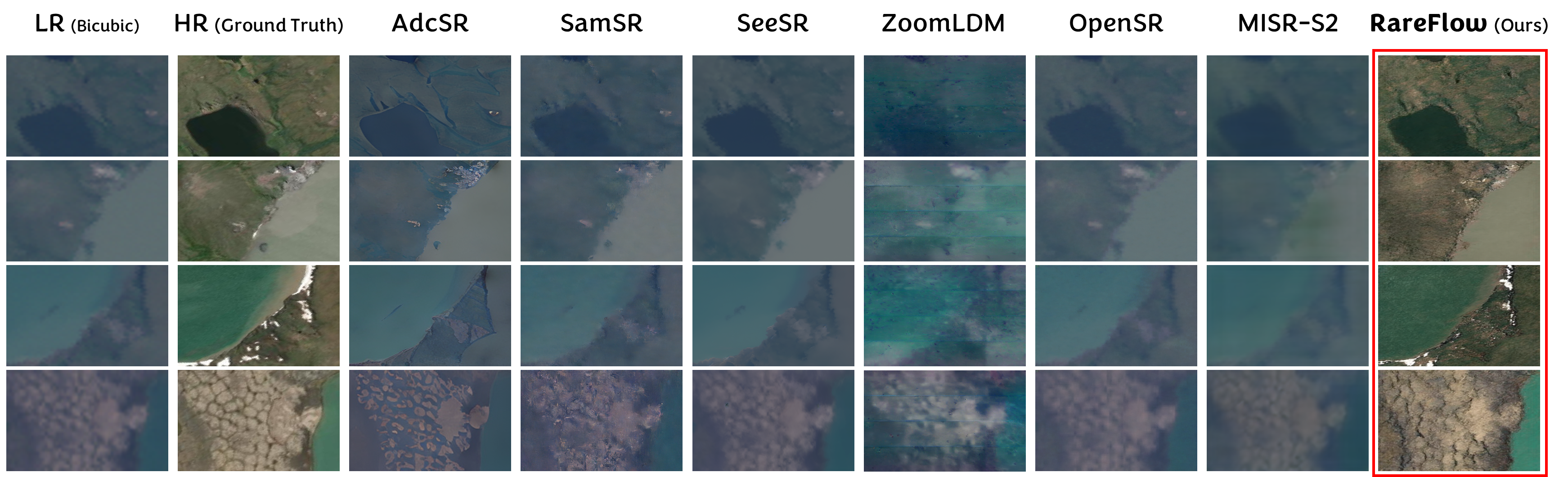 Qualitative comparison across LR, HR, baselines, and RareFlow.
